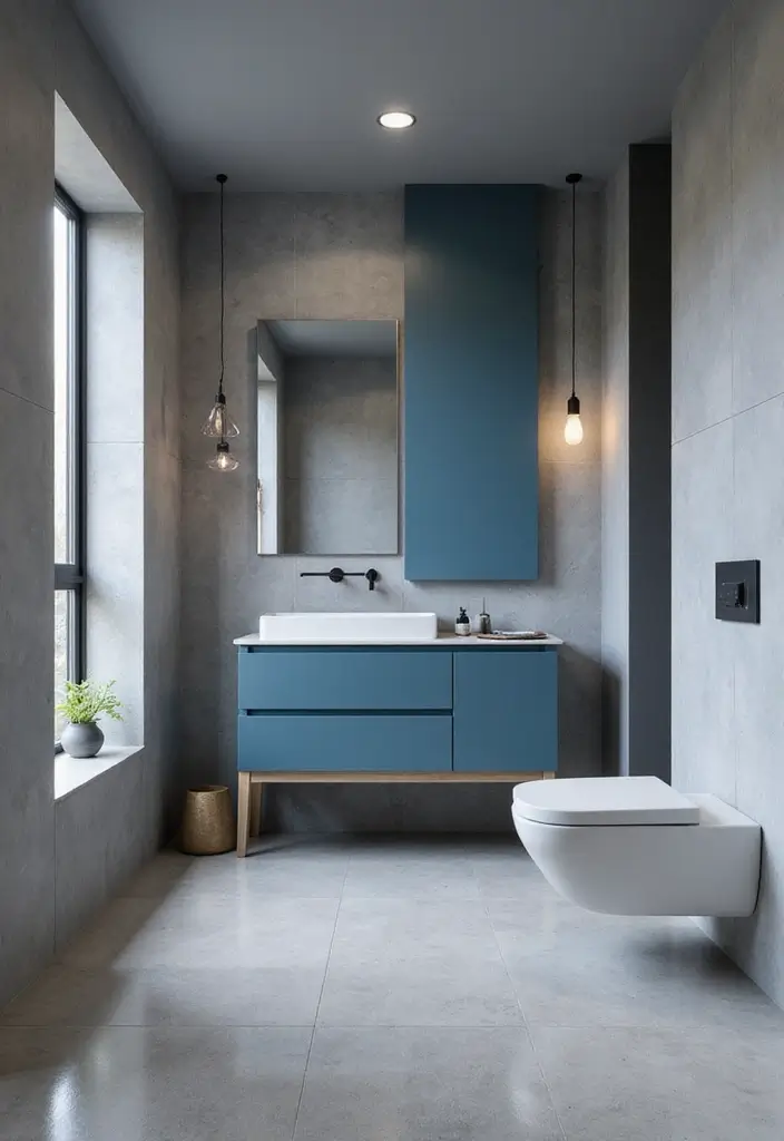 27 Blue And Grey Bathroom Ideas That Feel Balanced - 5. Minimalist Style: Grey Dominance with Blue Touches