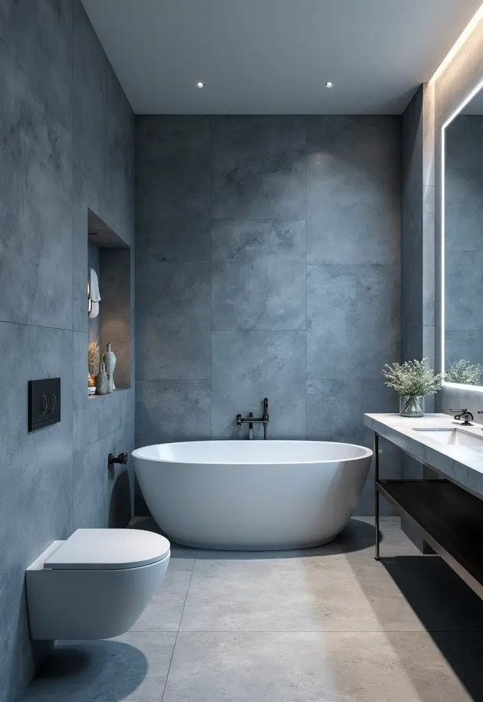 27 Blue And Grey Bathroom Ideas That Feel Balanced - 7. Textured Layers: Grey Stone with Blue Accents