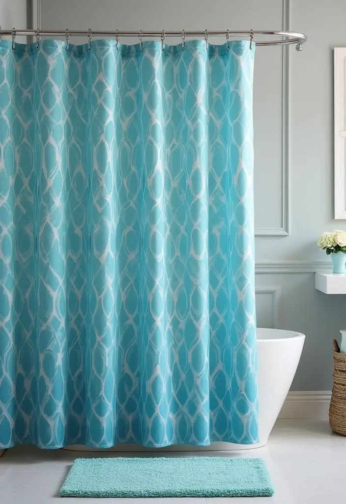 27 Blue And Grey Bathroom Ideas That Feel Balanced - 9. Shower Curtain Focus: Blue Patterns