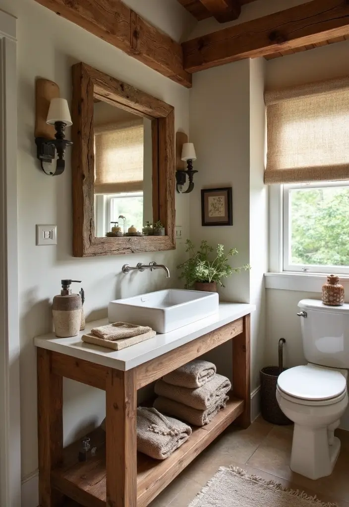 27 Cottage Core Bathroom Designs That Feel Peaceful - 1. Rustic Wood Accents
