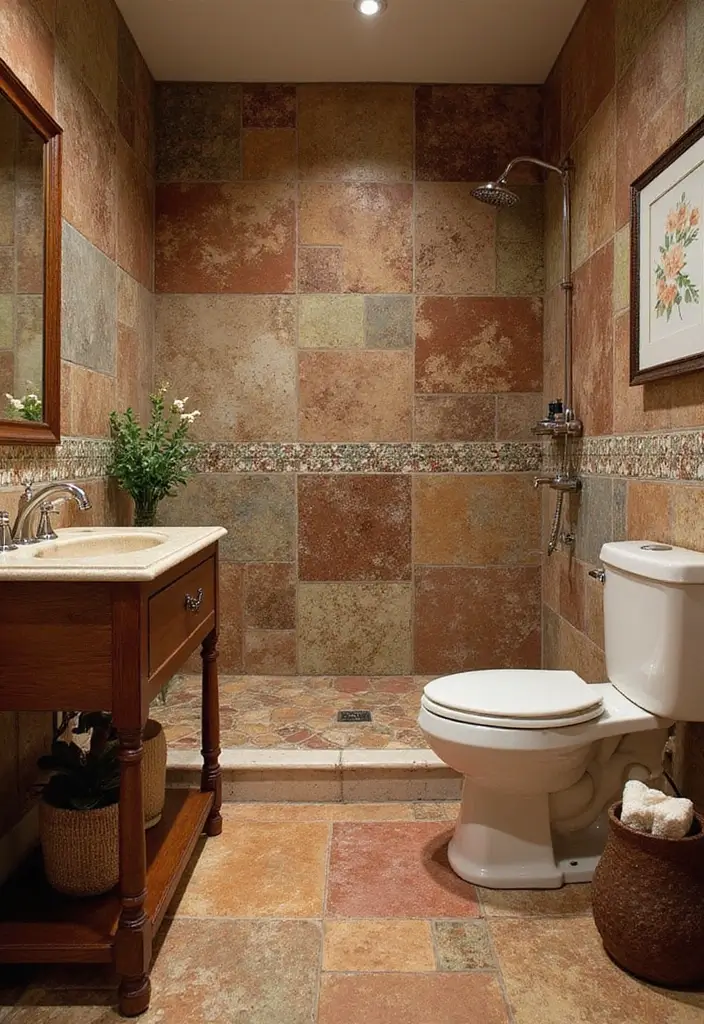 27 Cottage Core Bathroom Designs That Feel Peaceful - 11. Earthy Colorful Tiles