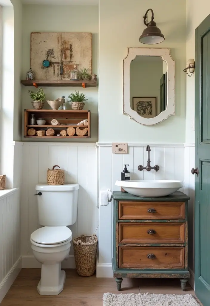 27 Cottage Core Bathroom Designs That Feel Peaceful - 15. Repurposed Decor