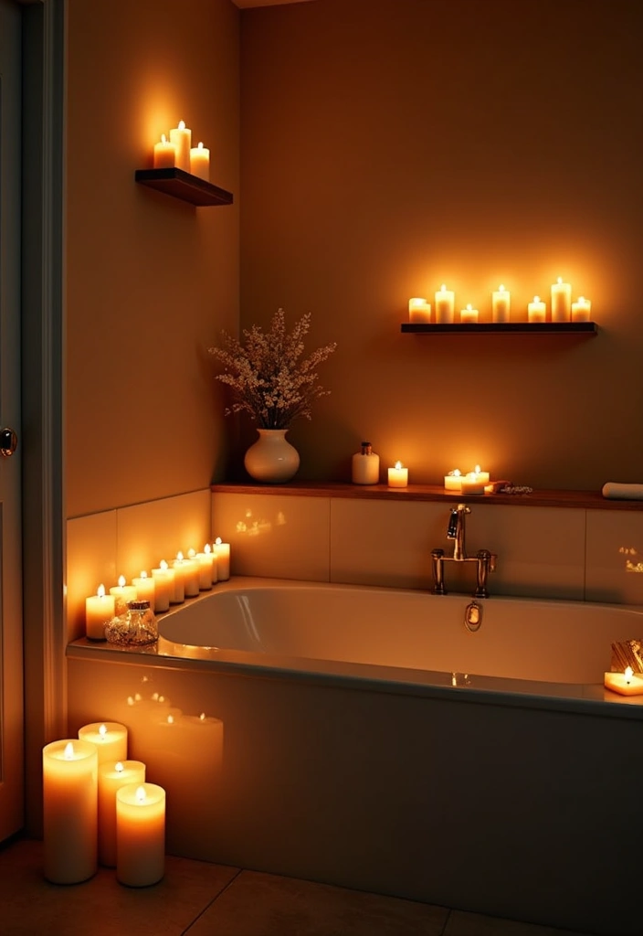 27 Cottage Core Bathroom Designs That Feel Peaceful - 16. Soft Lighting with Candles