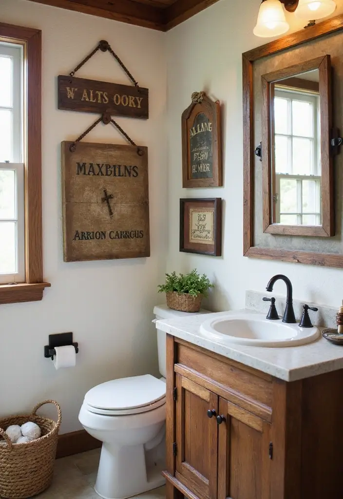 27 Cottage Core Bathroom Designs That Feel Peaceful - 17. Rustic Wall Decor
