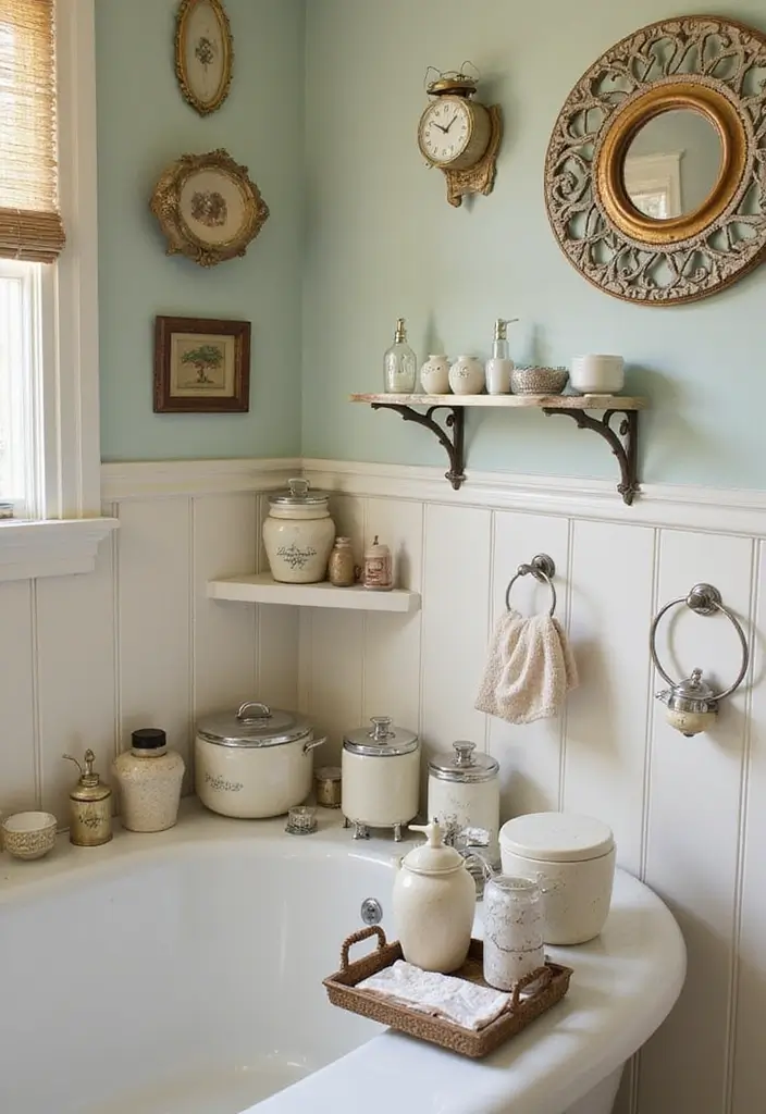 27 Cottage Core Bathroom Designs That Feel Peaceful - 18. Vintage Bath Accessories