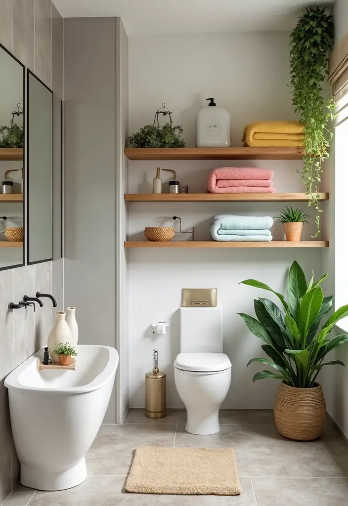 27 Cottage Core Bathroom Designs That Feel Peaceful - 19. Open Shelving