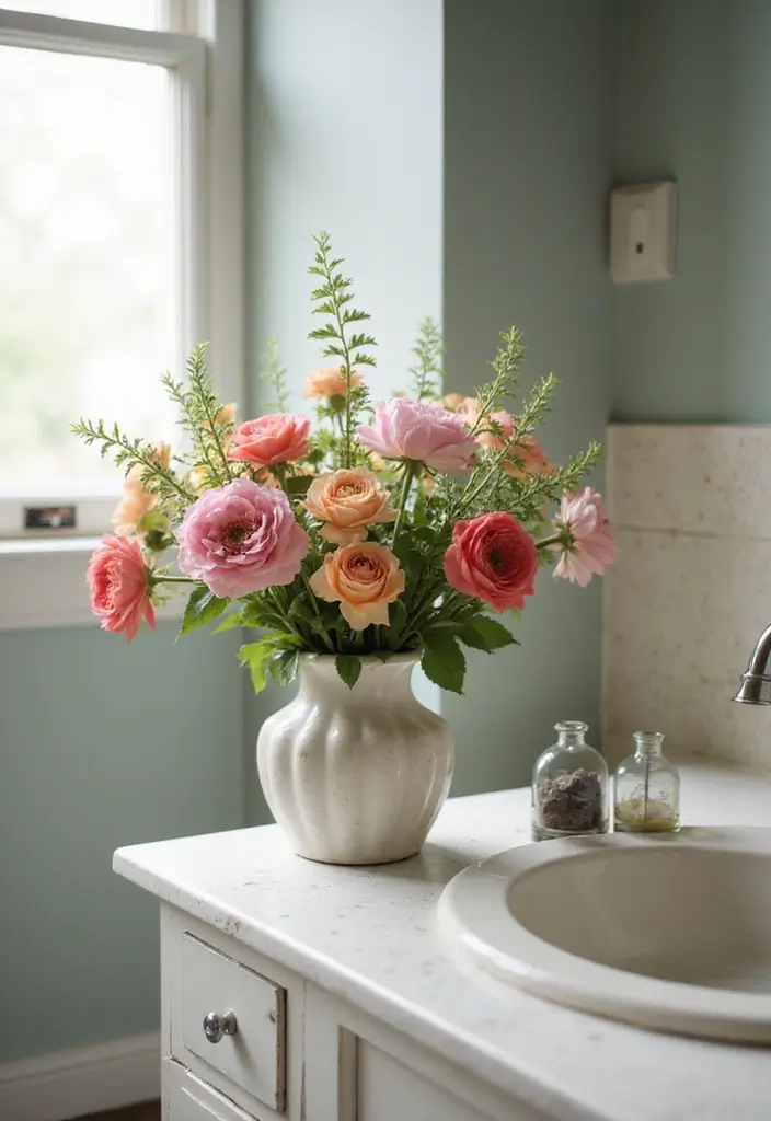 27 Cottage Core Bathroom Designs That Feel Peaceful - 20. Fresh Flowers