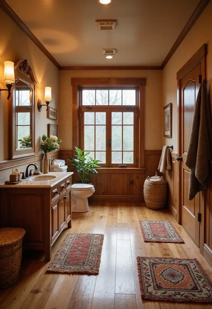 27 Cottage Core Bathroom Designs That Feel Peaceful - 24. Warm Wood Floors