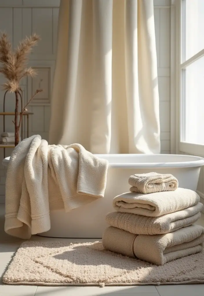 27 Cottage Core Bathroom Designs That Feel Peaceful - 7. Cozy Textiles