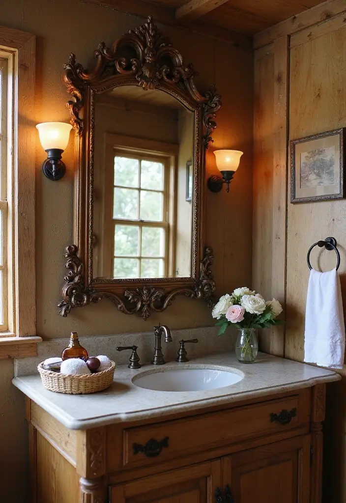 27 Cottage Core Bathroom Designs That Feel Peaceful - 8. Antique Mirrors