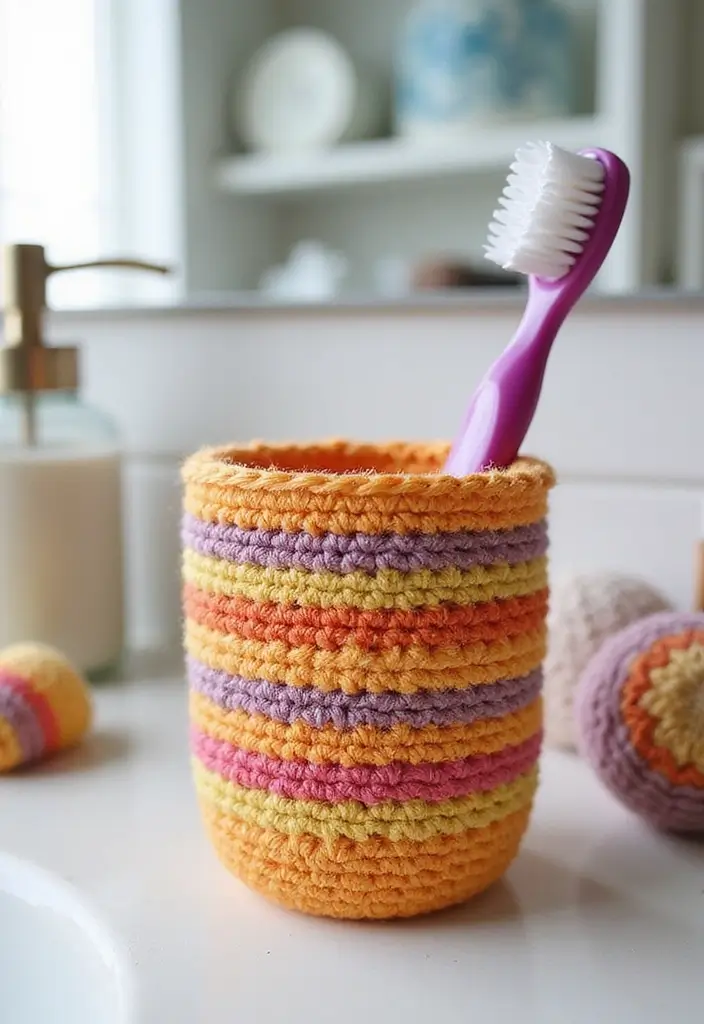 27 Crochet Bathroom Decor Ideas That Add Handmade Charm - 8. Crochet Toothbrush Holder