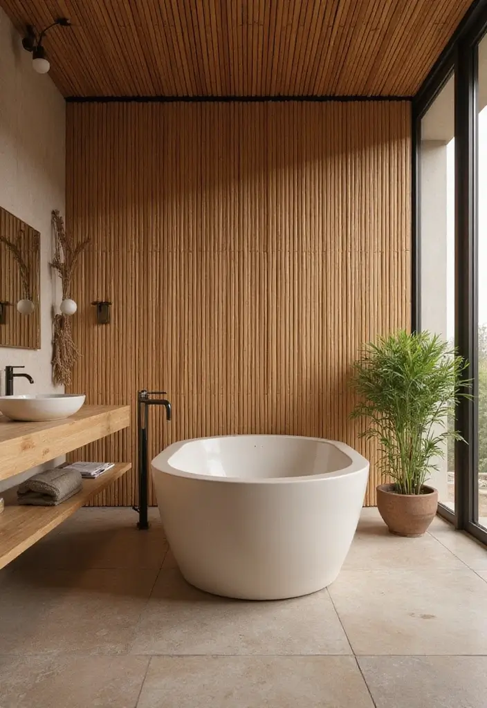 27 Indian Bathroom Tiles Design Inspiration for Eco-Friendly Decor - 19. Earthy Bamboo Tiles