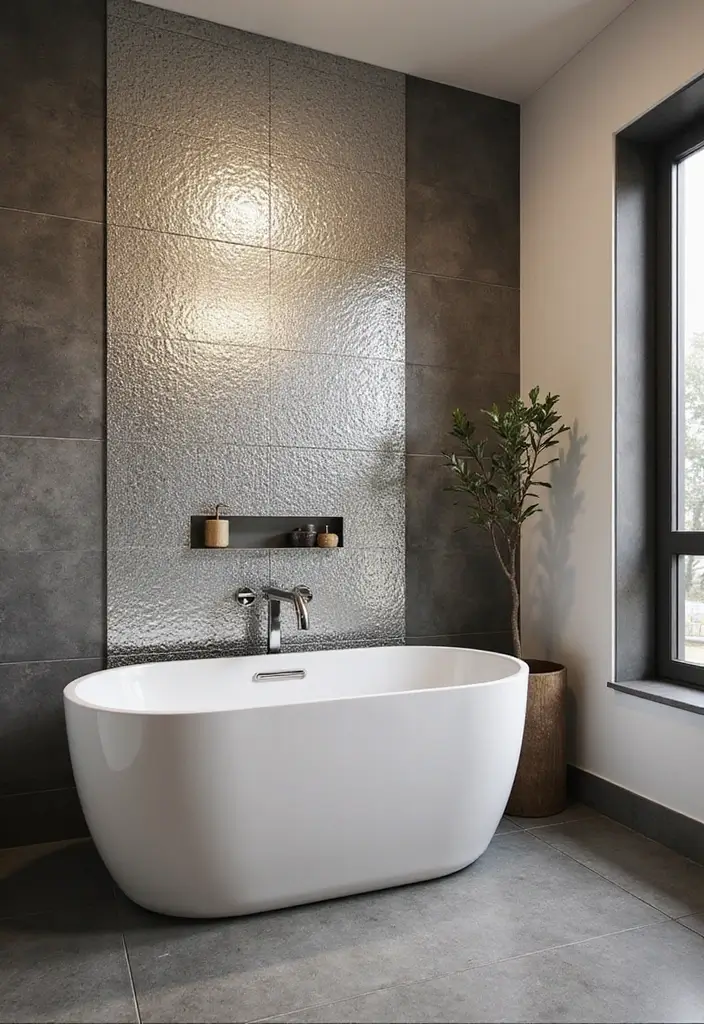 27 Indian Bathroom Tiles Design Inspiration for Eco-Friendly Decor - 20. Contemporary Metallic Tiles