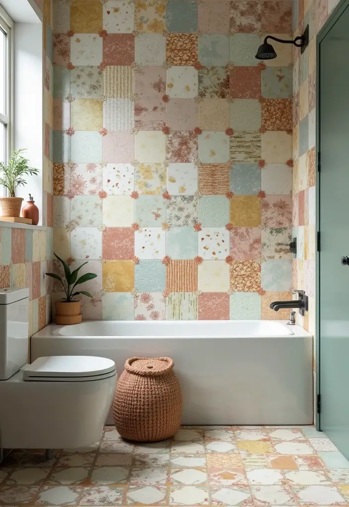 27 Indian Bathroom Tiles Design Inspiration for Eco-Friendly Decor - 22. Charming Patchwork Tiles