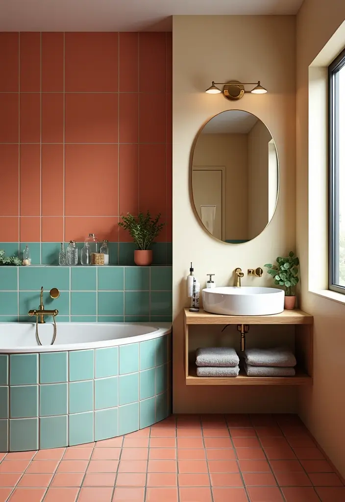 27 Latest Bathroom Tiles Design Trends 2024: Eco-Friendly Edition - 24. Color-Blocking Techniques
