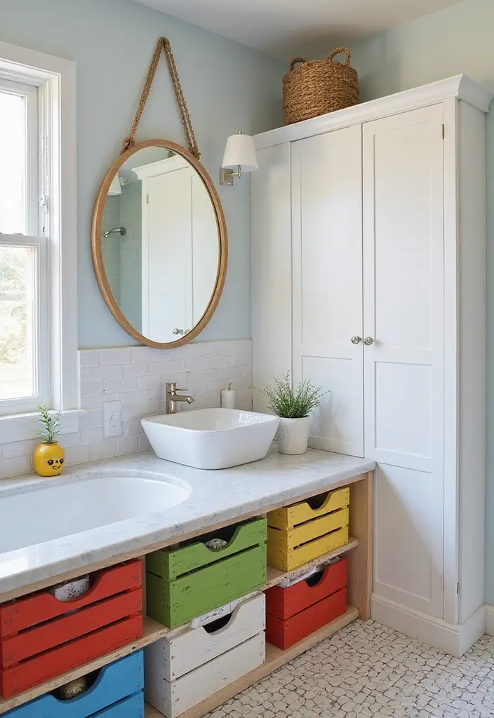 27 Modern Kids Bathroom Ideas That Feel Fun - 21. Stylish Crates for Toy Storage