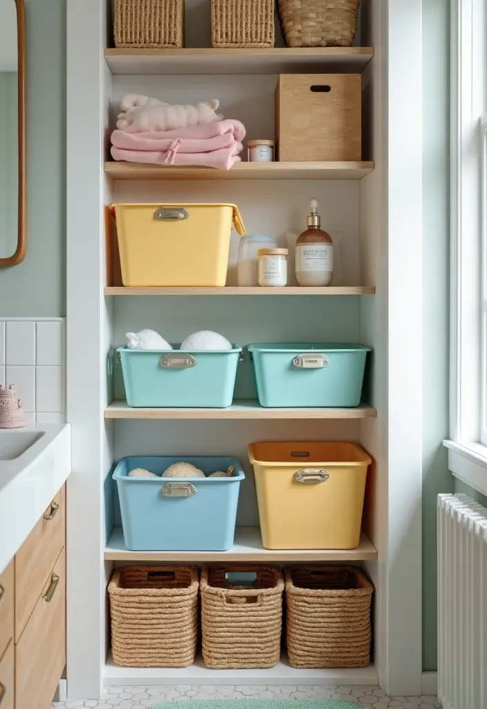 27 Modern Kids Bathroom Ideas That Feel Fun - 5. Sustainable Storage Solutions
