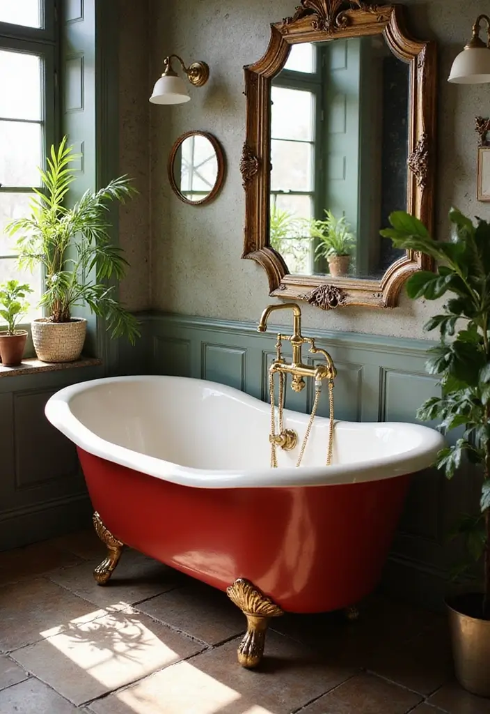 27 Red Bathroom Ideas That Add Drama - 1. Vintage Charm with Red Clawfoot Tubs