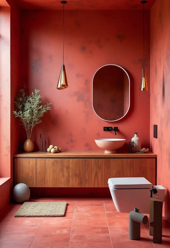27 Red Bathroom Ideas That Add Drama - 10. Artistic Red Murals