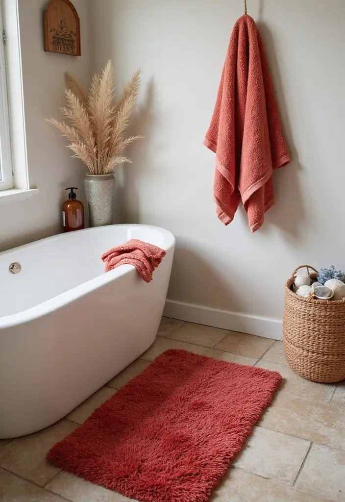 27 Red Bathroom Ideas That Add Drama - 11. Cozy Red Rugs