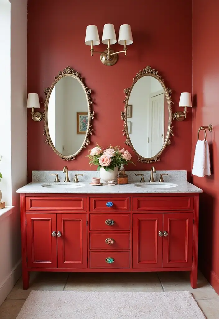27 Red Bathroom Ideas That Add Drama - 12. Red Accented Vanity Areas