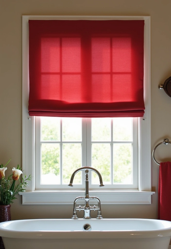 27 Red Bathroom Ideas That Add Drama - 13. Red Window Treatments