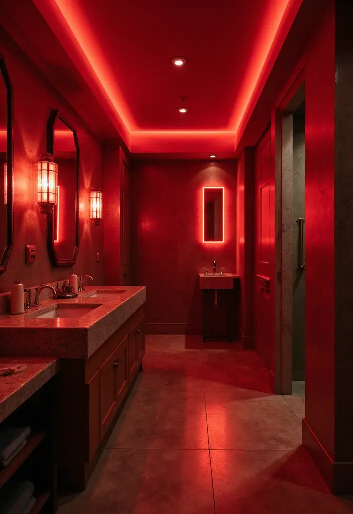 27 Red Bathroom Ideas That Add Drama - 14. Dramatic Red Lighting Fixtures