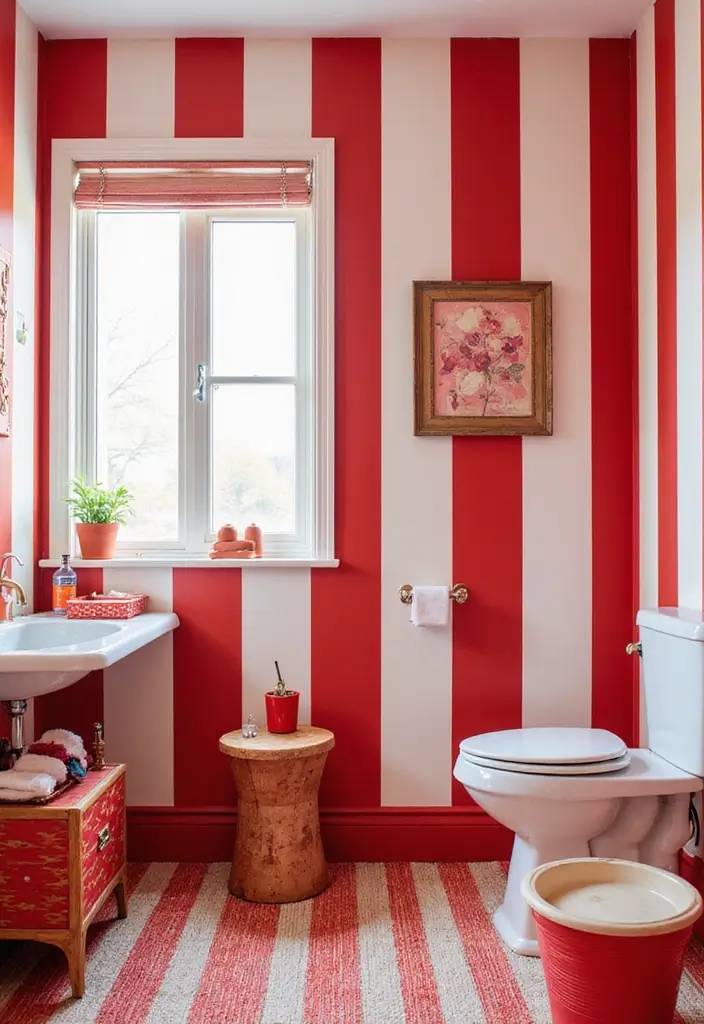 27 Red Bathroom Ideas That Add Drama - 15. Red and White Striped Patterns