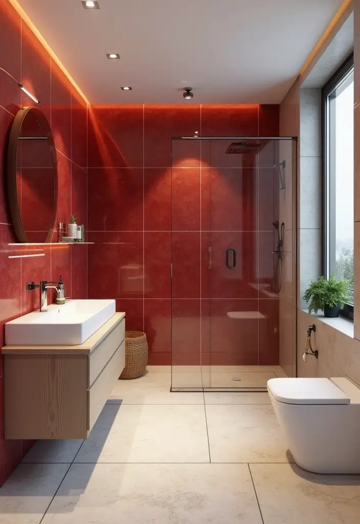 27 Red Bathroom Ideas That Add Drama - 16. Rich Red Accent Tiles