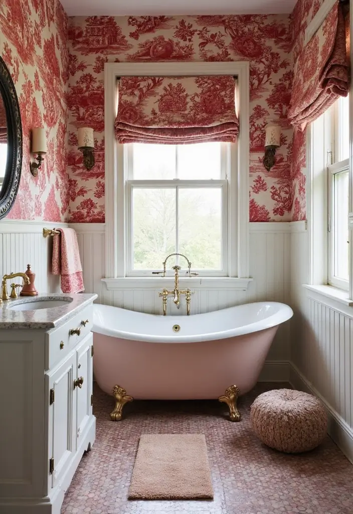 27 Red Bathroom Ideas That Add Drama - 18. Classic Red Toile Decor