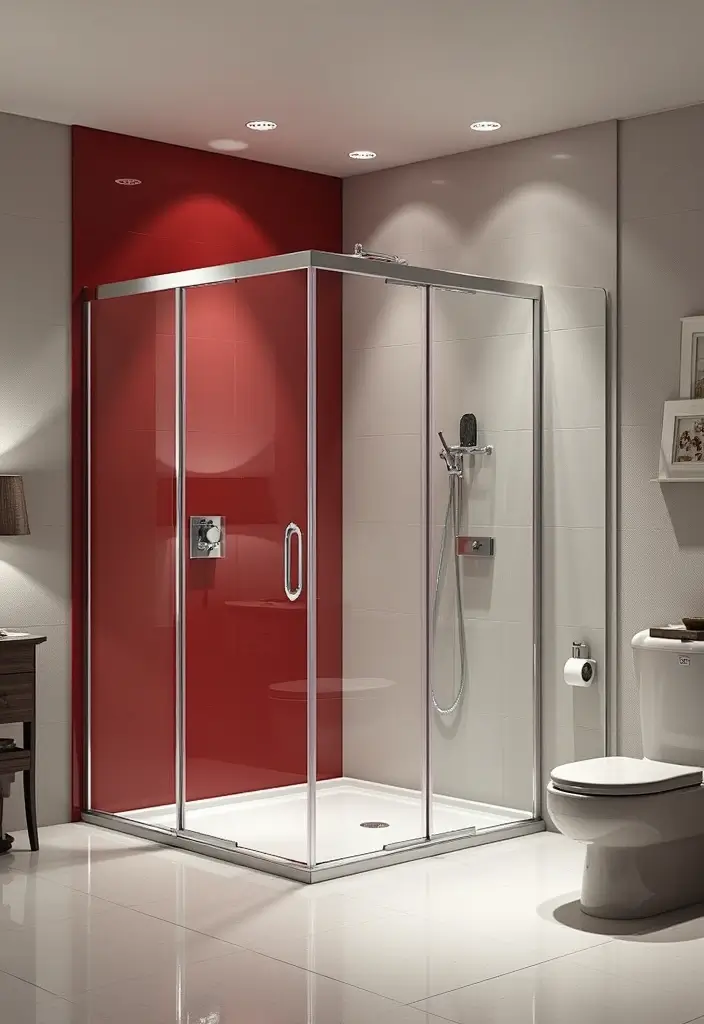 27 Red Bathroom Ideas That Add Drama - 19. Sleek Red Frameless Shower Doors