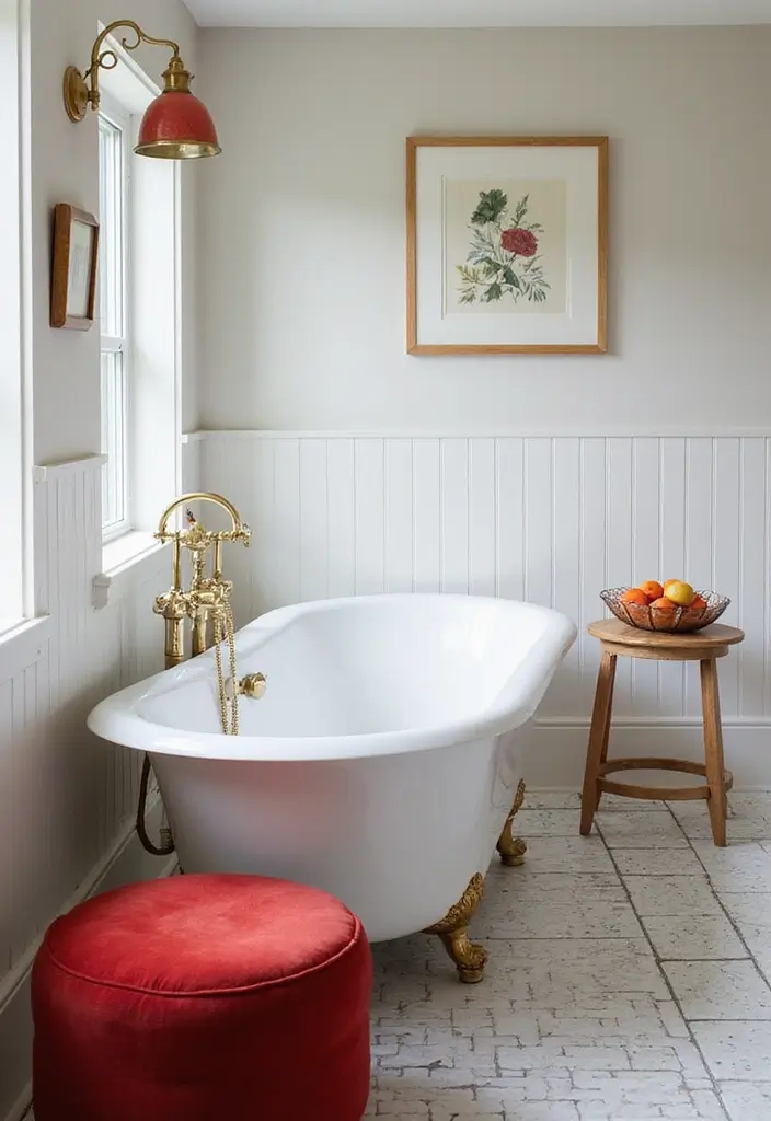 27 Red Bathroom Ideas That Add Drama - 20. Red Accent Furniture
