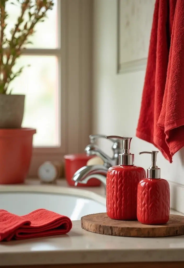 27 Red Bathroom Ideas That Add Drama - 21. Vibrant Red Accessories