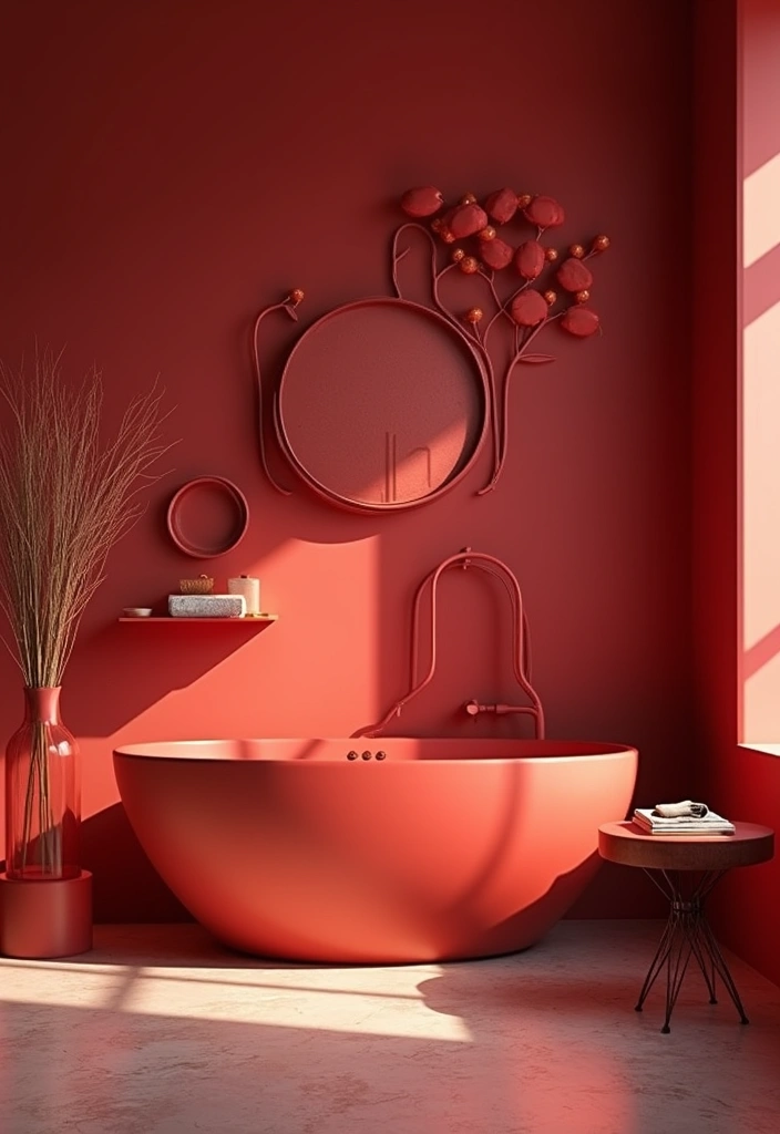 27 Red Bathroom Ideas That Add Drama - 22. Artistic Red Decor Elements