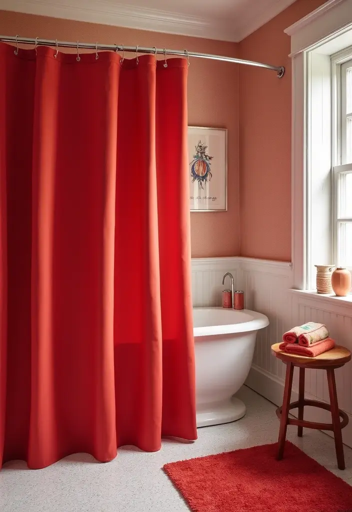 27 Red Bathroom Ideas That Add Drama - 23. Bold Red Shower Curtains