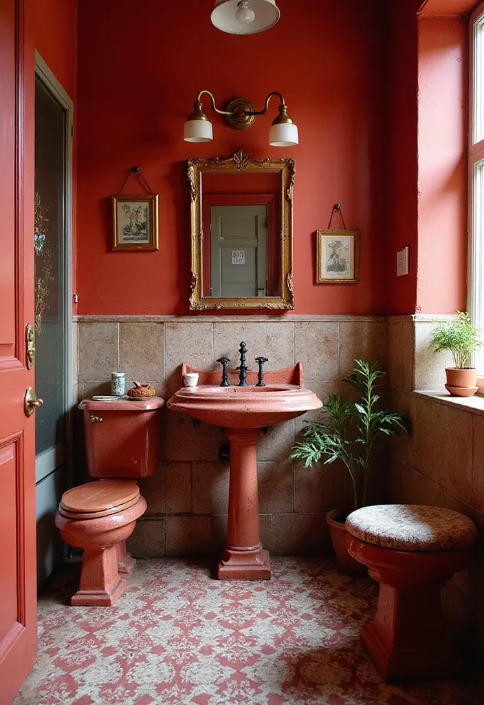 27 Red Bathroom Ideas That Add Drama - 24. Eclectic Red Decor Themes