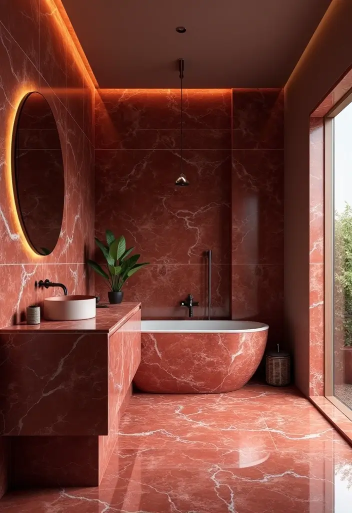 27 Red Bathroom Ideas That Add Drama - 25. Sophisticated Red Marble