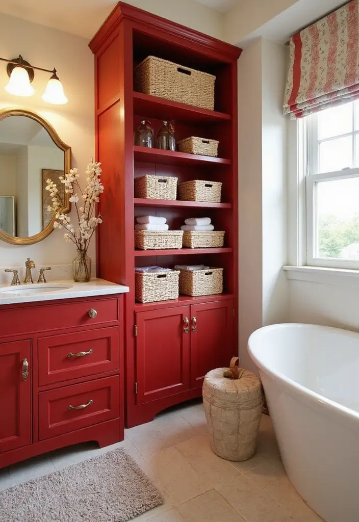 27 Red Bathroom Ideas That Add Drama - 26. Charming Red Storage Solutions