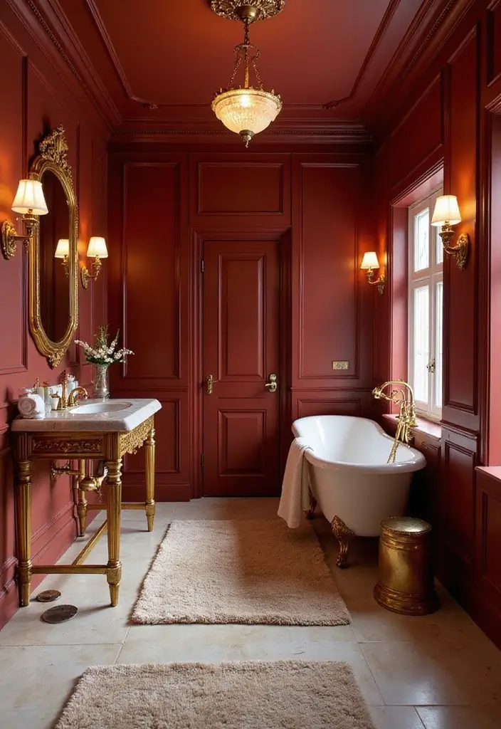 27 Red Bathroom Ideas That Add Drama - 3. Elegant Red and Gold Combination