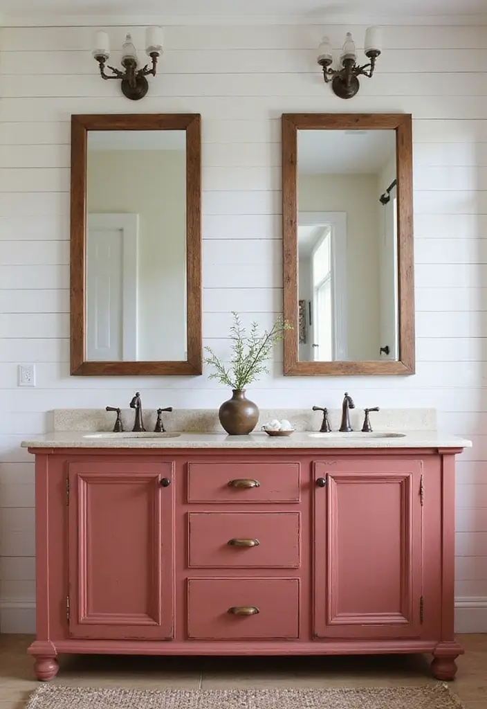 27 Red Bathroom Ideas That Add Drama - 4. Rustic Red Farmhouse Vibes