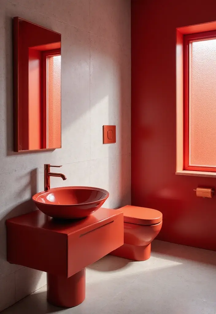 27 Red Bathroom Ideas That Add Drama - 5. Contemporary Red Fixtures