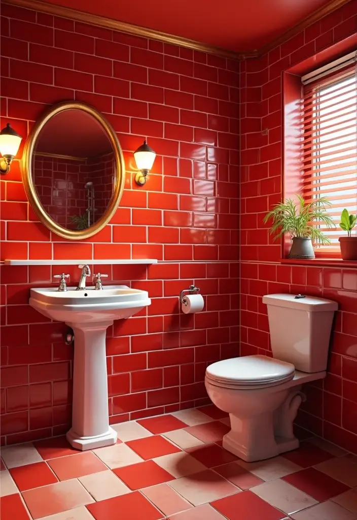27 Red Bathroom Ideas That Add Drama - 6. Retro Red Tile Patterns