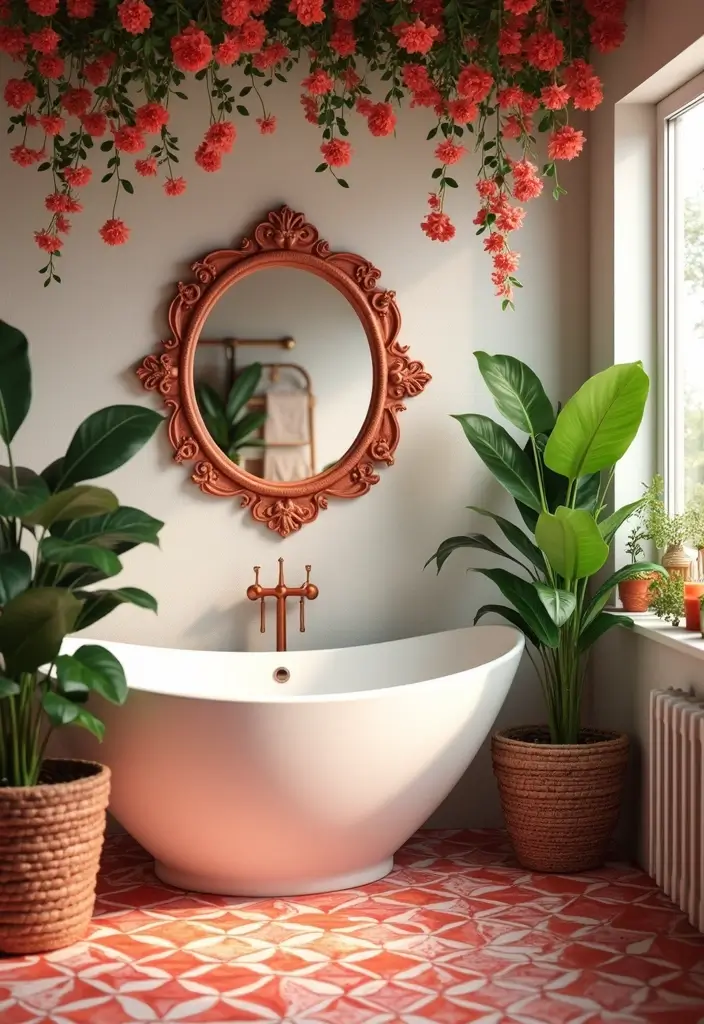 27 Red Bathroom Ideas That Add Drama - 7. Passionate Red Floral Accents