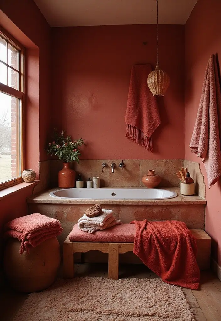 27 Red Bathroom Ideas That Add Drama - 8. Layering Textures with Red