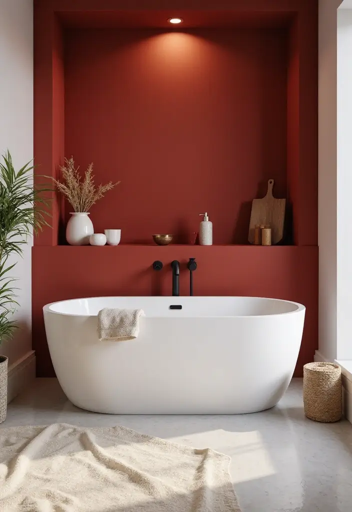 27 Red Bathroom Ideas That Add Drama - 9. Red Bathtub Surrounds