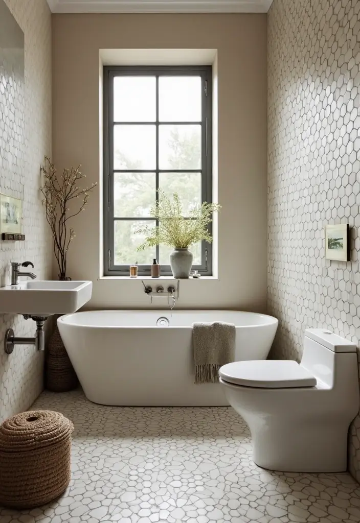27 Small Bathroom Tile Ideas That Create Space - 11. Hexagonal Tiles