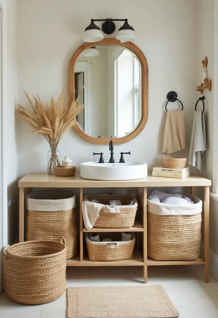 28 Bathroom Hardware Ideas That Upgrade Instantly - 8. Natural Fiber Storage Solutions