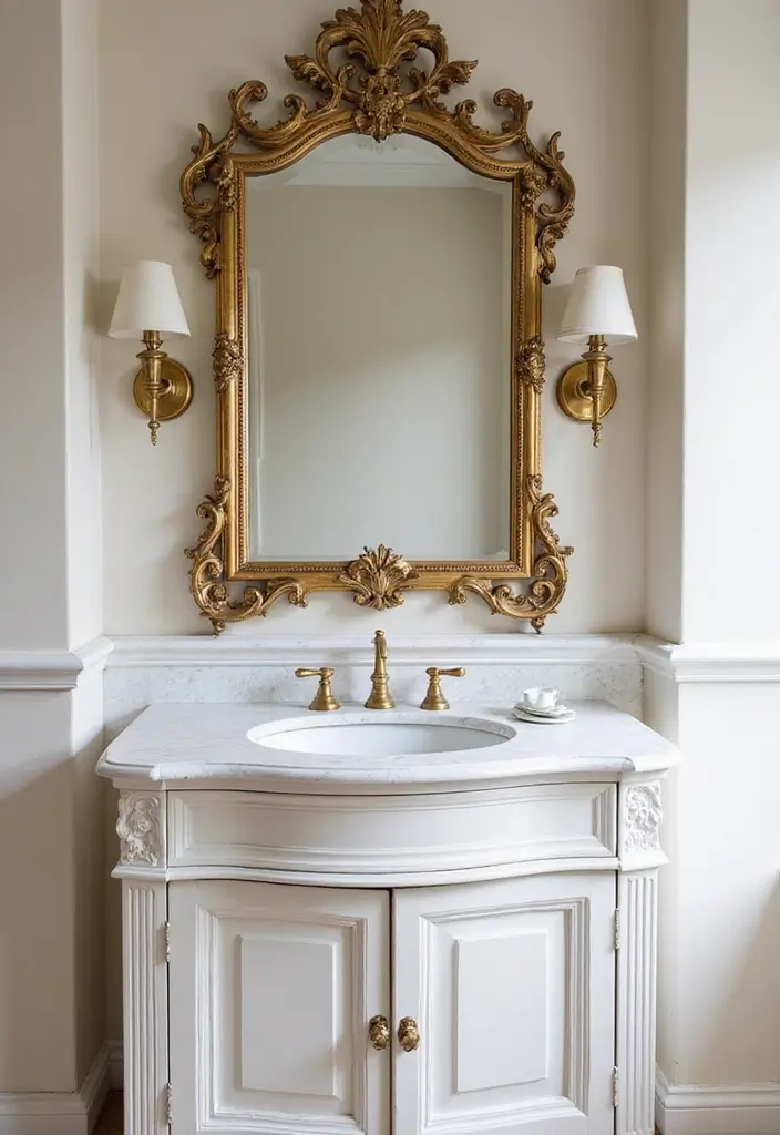 28 Bathroom Ideas Mirrors That Double As Art - 1. Ornate Gold Framed Mirror
