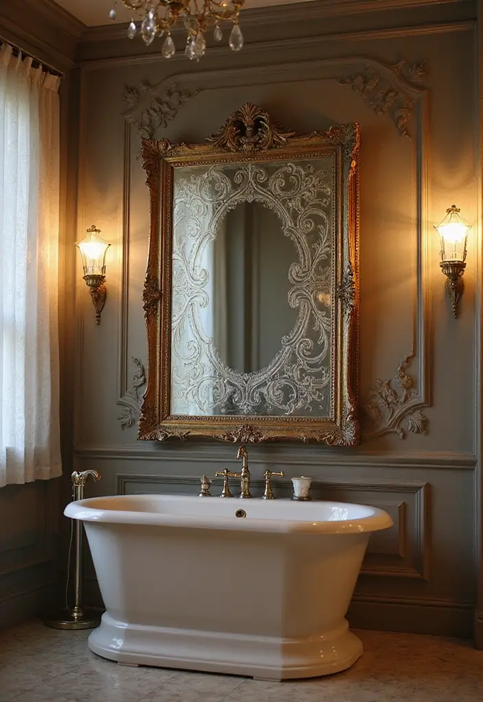 28 Bathroom Ideas Mirrors That Double As Art - 11. Antique Etched Mirror