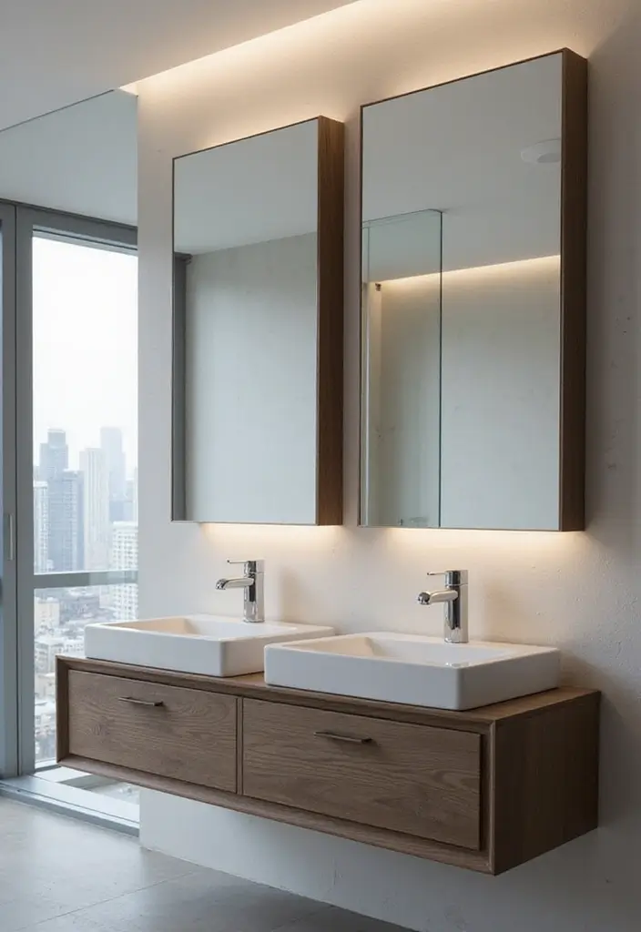 28 Bathroom Ideas Mirrors That Double As Art - 14. Split-Level Mirror